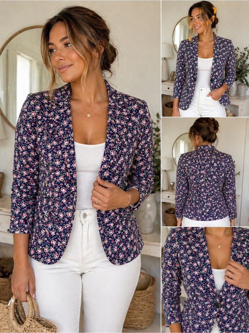 LC Lauren Conrad Floral Blazer Navy Pink Cottagecore Preppy Jacket XS‎
